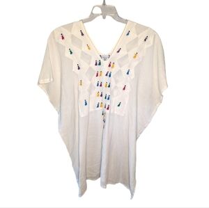 Mexican embroidered tunic people happy gathering one size woman's throw over